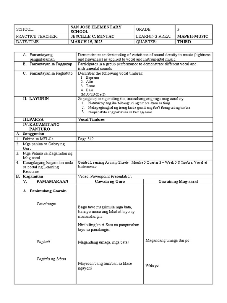 Lesson Plan in Mapeh | PDF