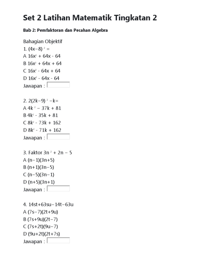 Set 2 latihan matematik tingkatan 2 pdf
