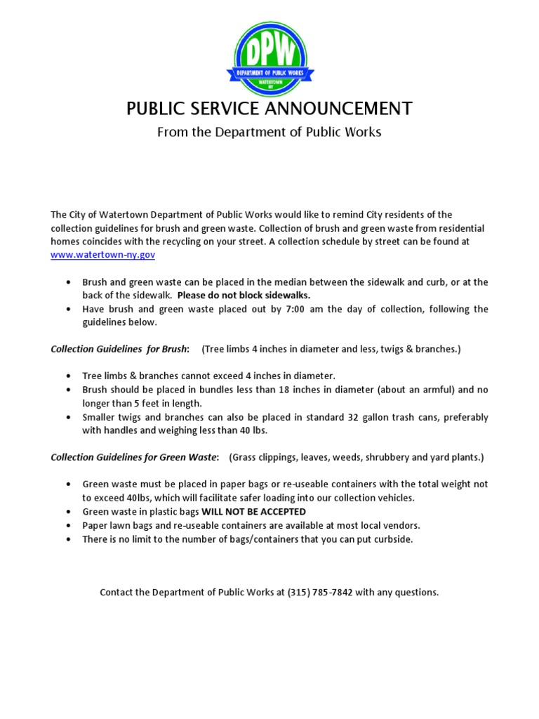 City of Watertown Seasonal Brush and Yard Waste PDF