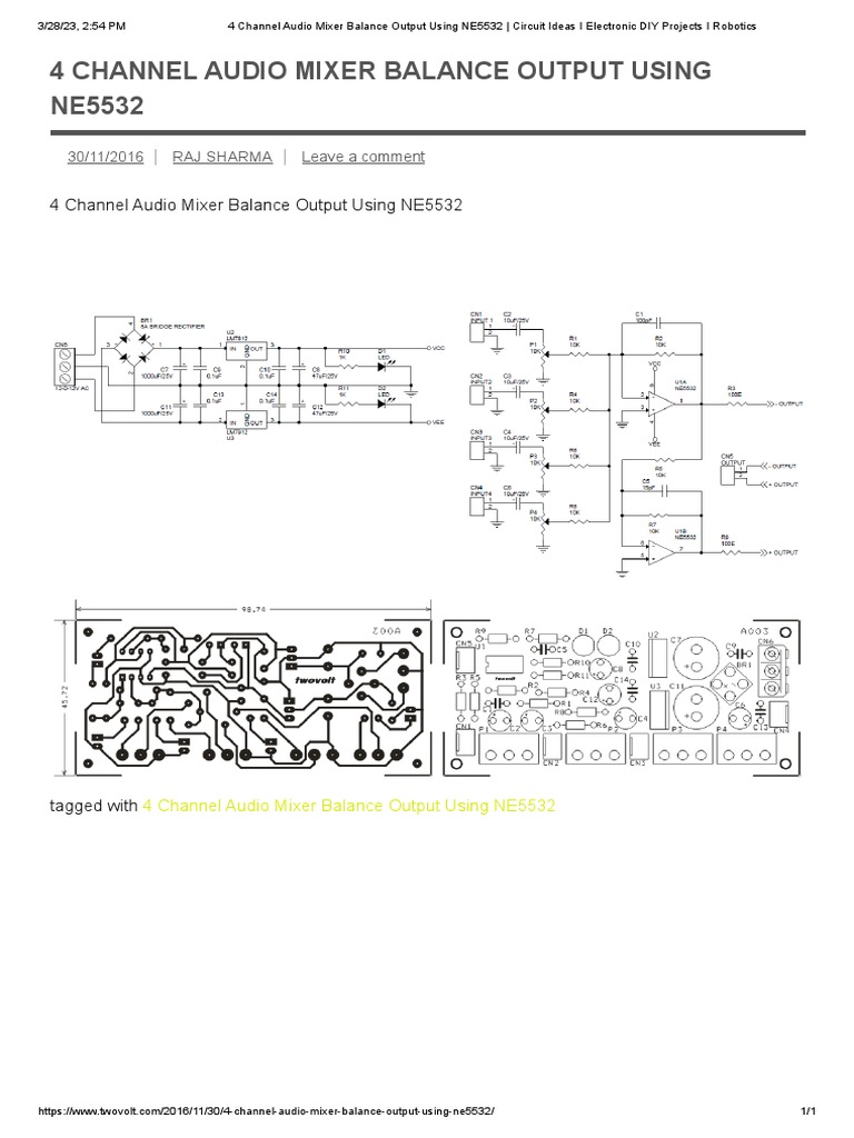 4 Channel Audio Mixer Balance Output Using NE5532 - Circuit Ideas I