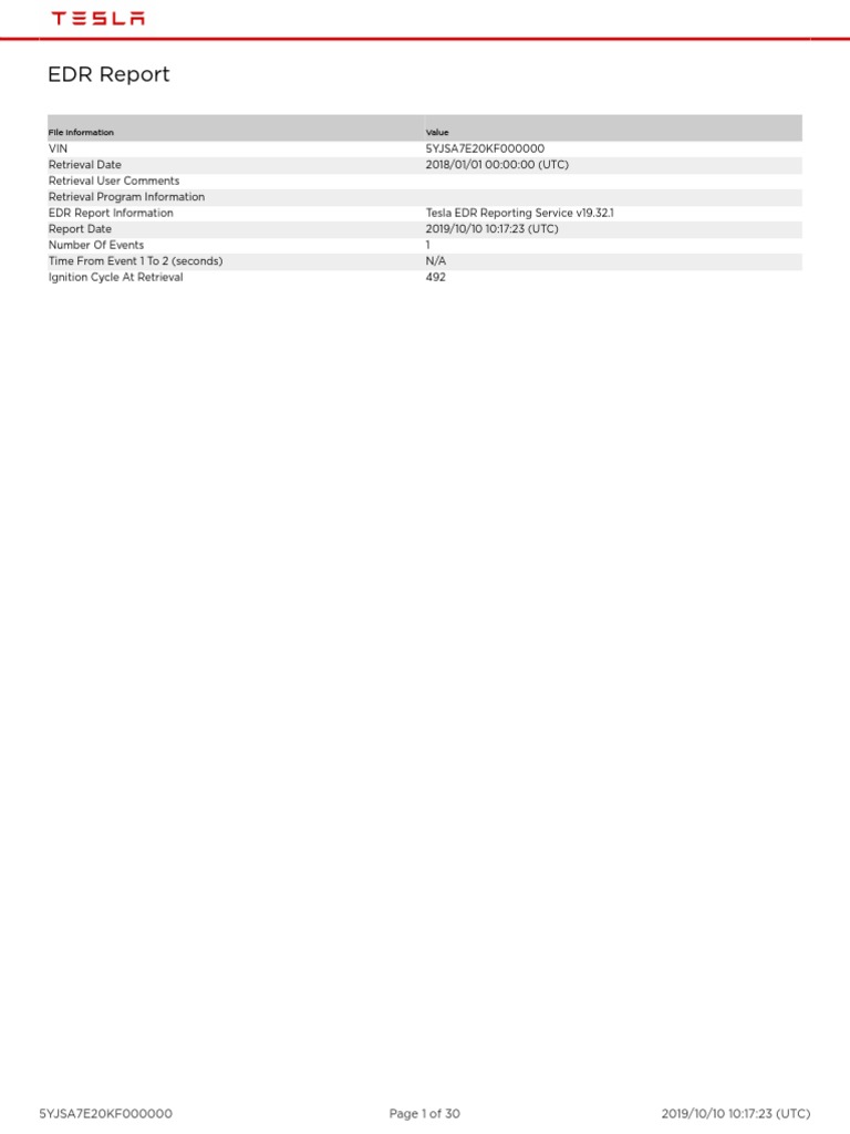 Tesla Sample EDR Report S - 2019 | PDF | Speed | Airbag