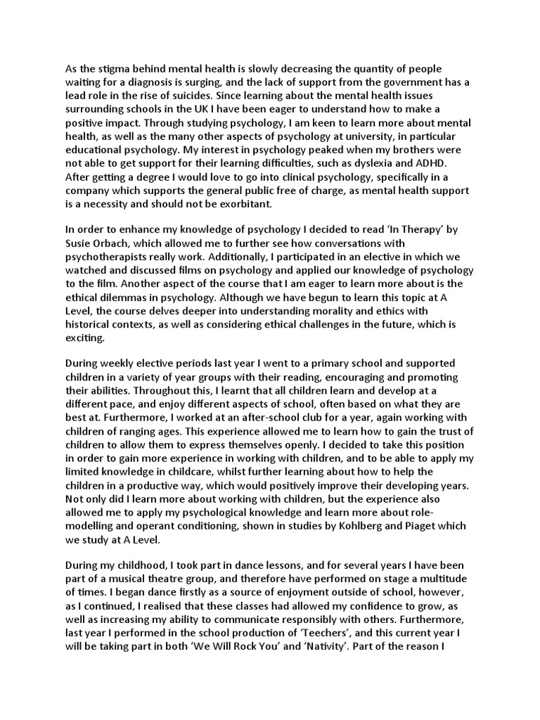 Personal Statement PDF Psychology Psychotherapy