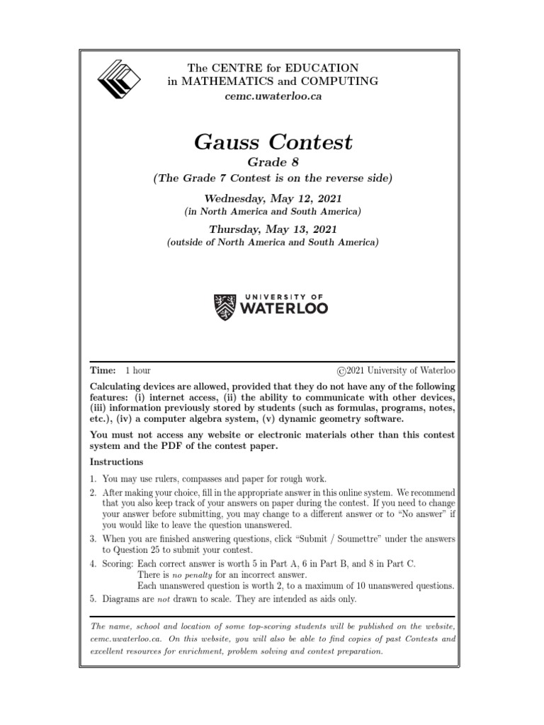 Gauss Contest: Grade 8 | PDF | Mathematics | Elementary Mathematics