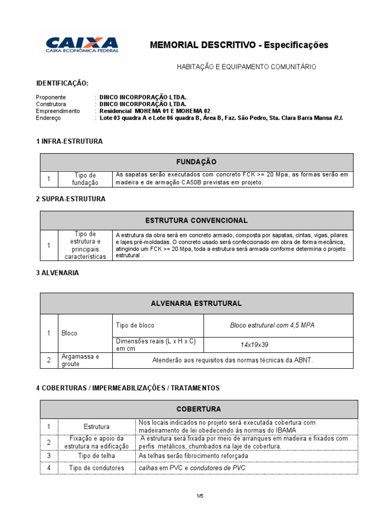 Memorial Descritivo Residencial Mohema | PDF | Pia | Materiais de ...