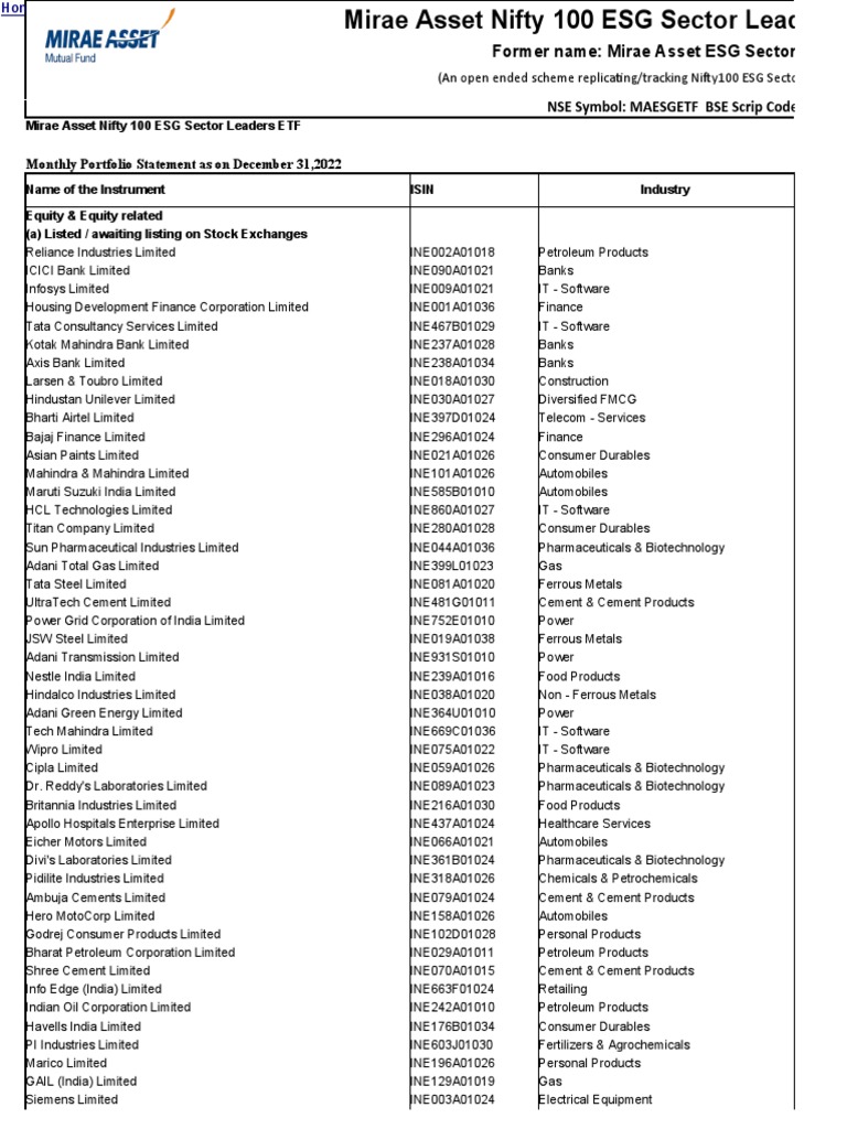 Monthly Portfolio Statement As On December 31,2022 Former Name Mirae