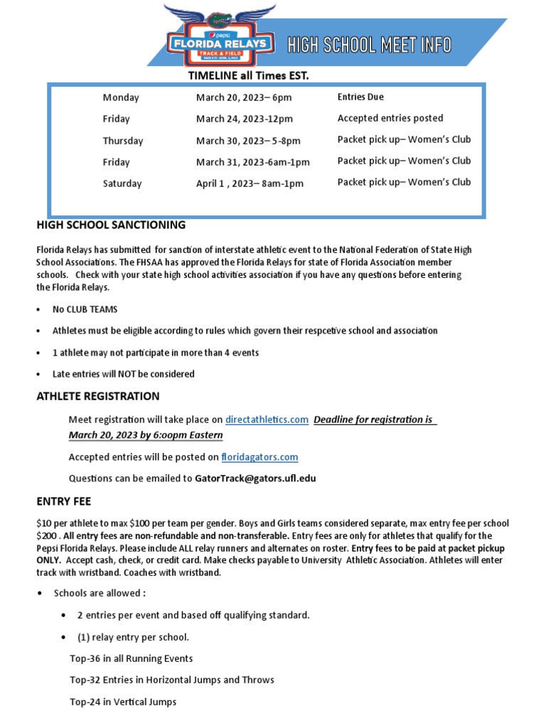 2023 Florida Relays High School Meet Info PDF Indemnity Liability