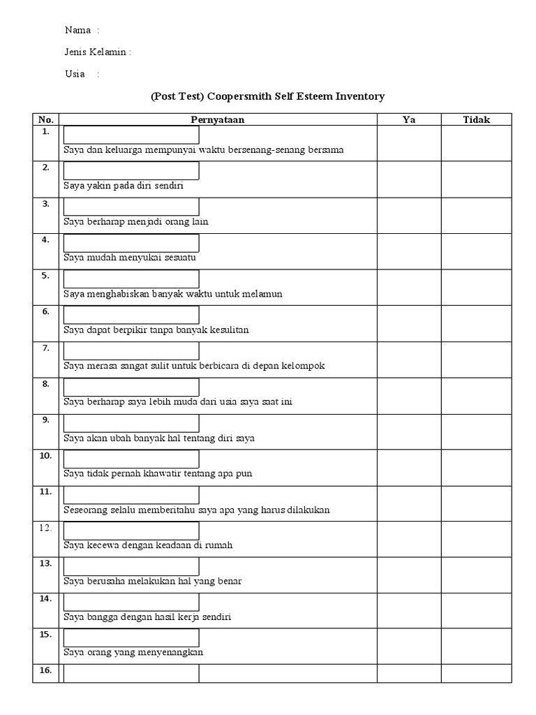 Coopersmith Self Esteem Inventory | PDF