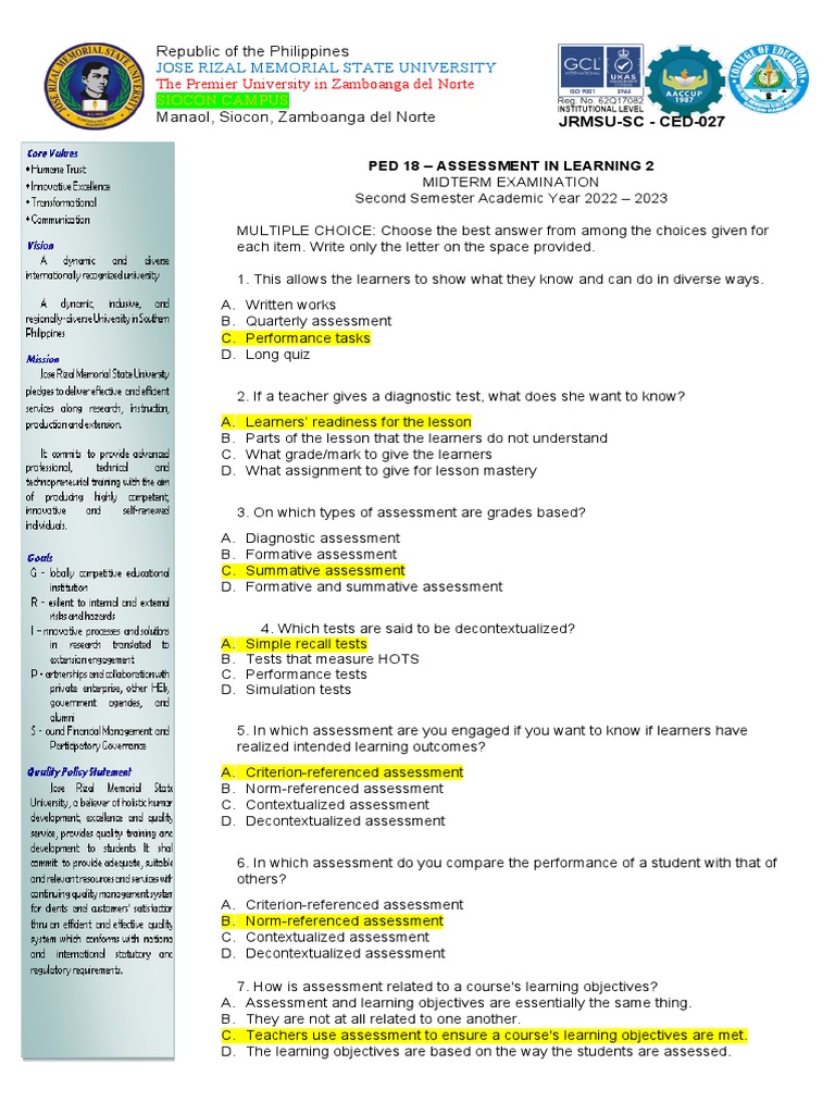 PED 18 Midterm Exam: Assessment in Learning | PDF | Educational ...