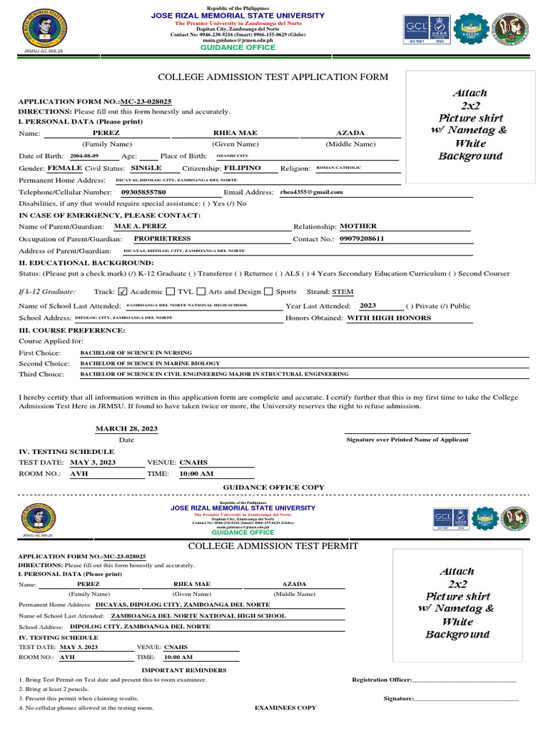 College Admission Test Application Form: Jose Rizal Memorial State ...