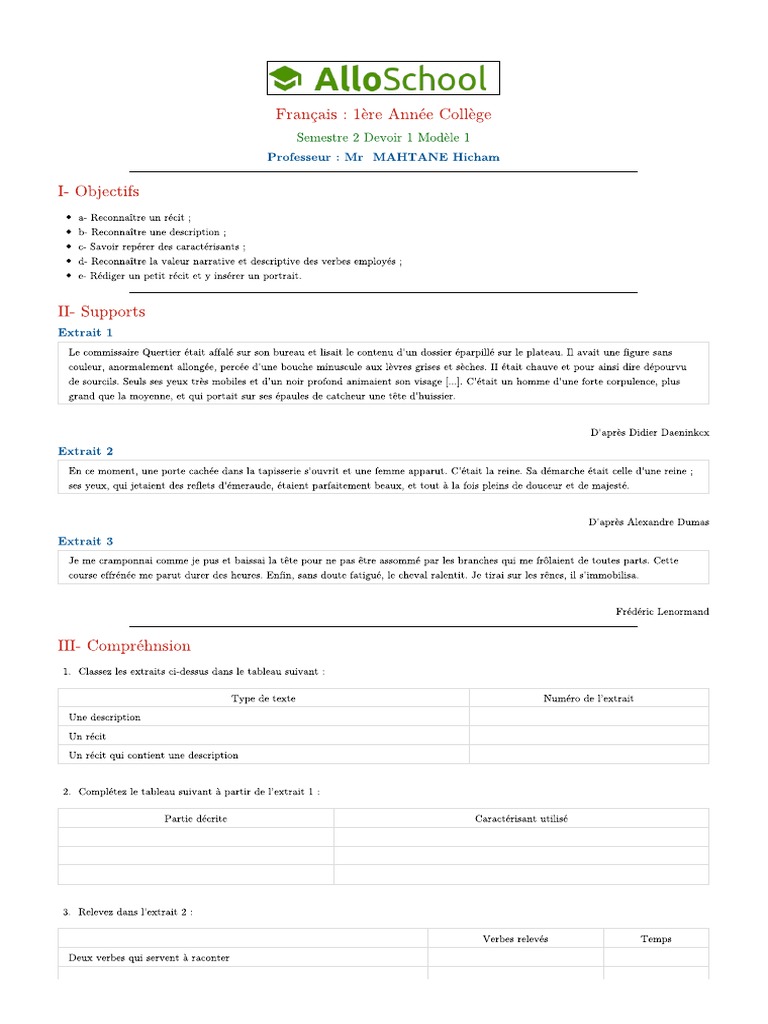 Francais 1ac Semestre 2 Devoir 1 Modele 1 2 | PDF