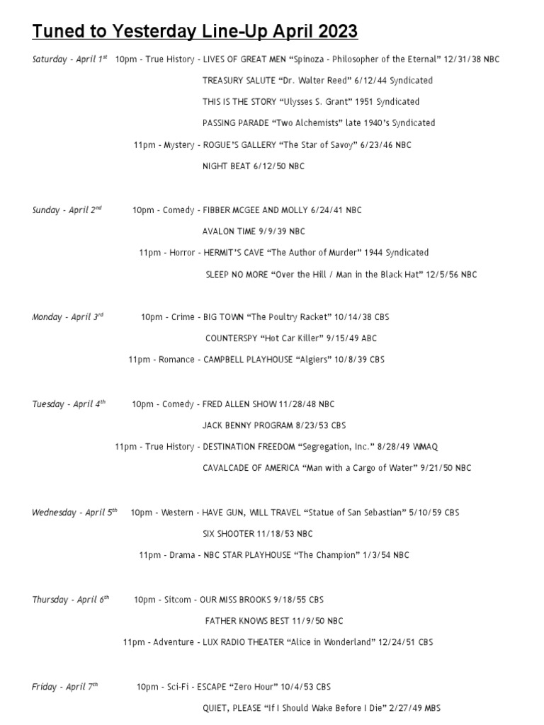 Tuned To Yesterday Schedule April 2023 PDF Nbc Cbs