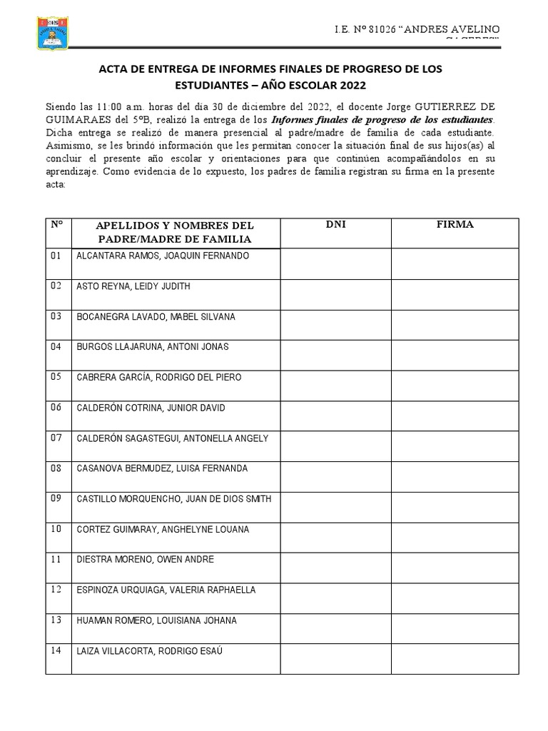 Acta de Entrega de Informes de Progreso de Los Estudiantes | PDF