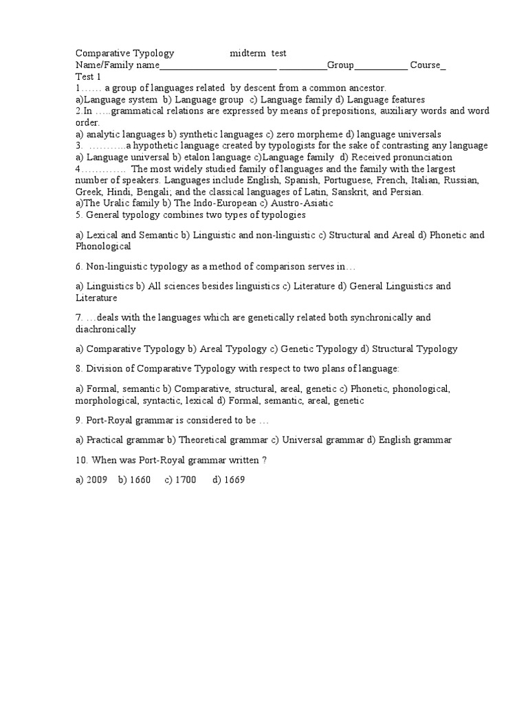 Comparative Typology Midterm Test | PDF | Word | Linguistic Typology