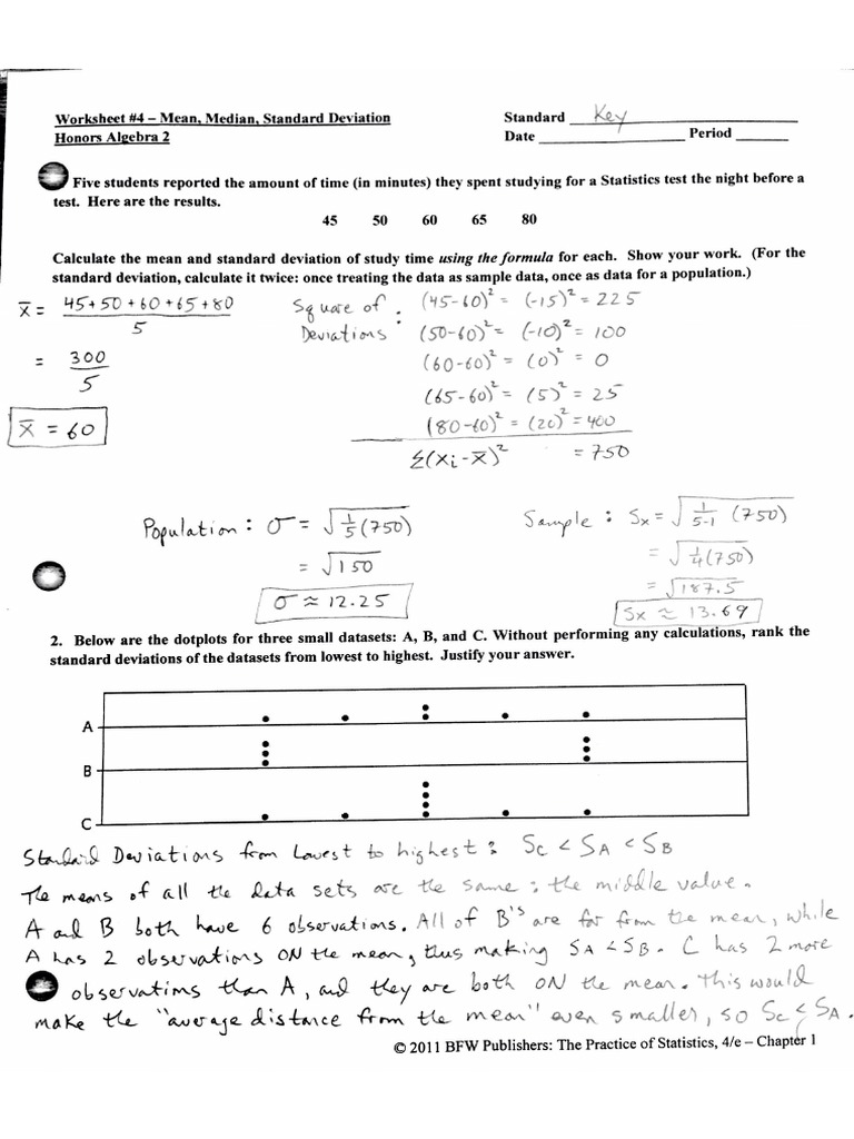 Worksheet 4 - Mean, Median, Standard Deviation - Key | PDF