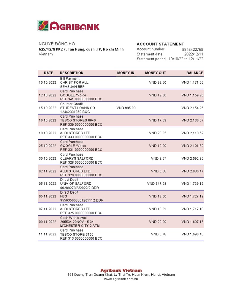 Vietnam Agribank Bank Statement | PDF