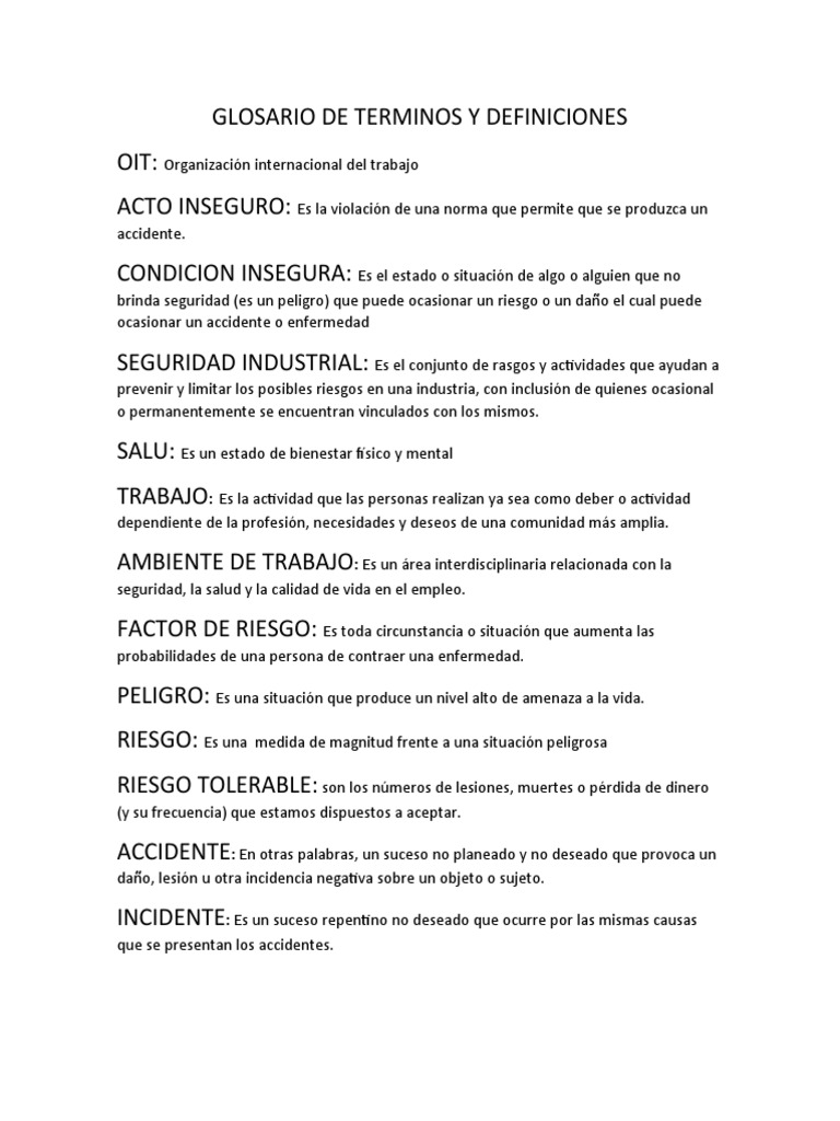 Glosario de Terminos y Definiciones | PDF | Seguridad y salud ...