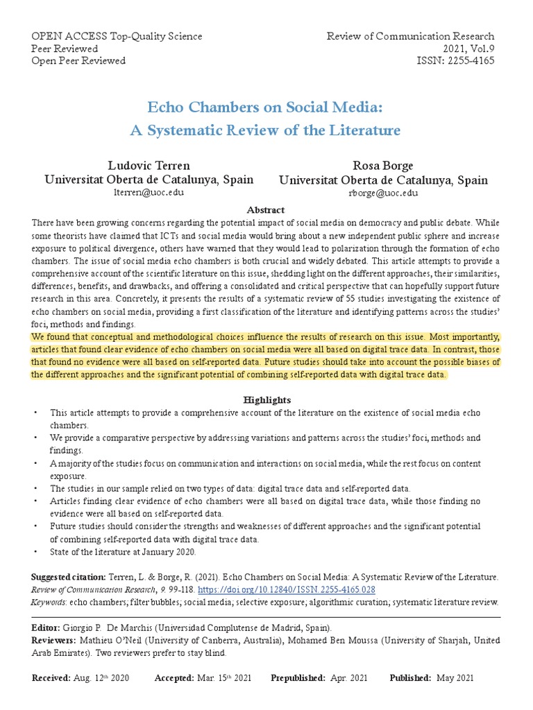 Echo Chambers On Social Media A Systematic Review of The Literature ...