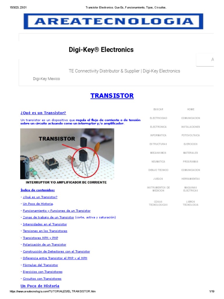 Transistor Electronico. Que Es, Funcionamiento, Tipos, Circuitos PDF