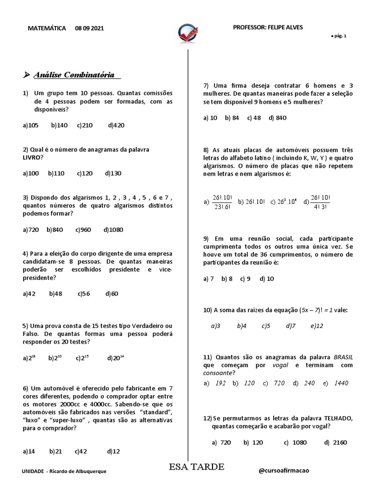 Aula Mat Esa Tarde Ricardo 08 09 | PDF | Probabilidade | Matemática