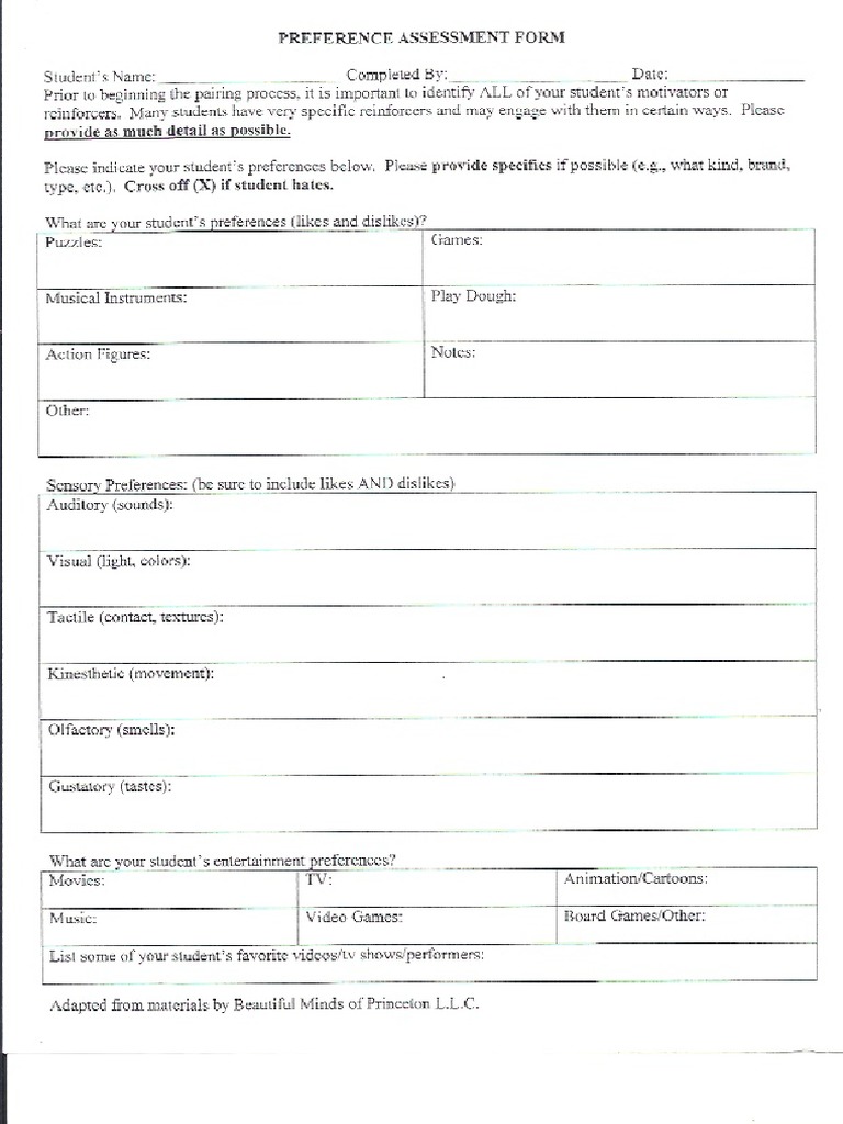Preference Assessment Form | PDF