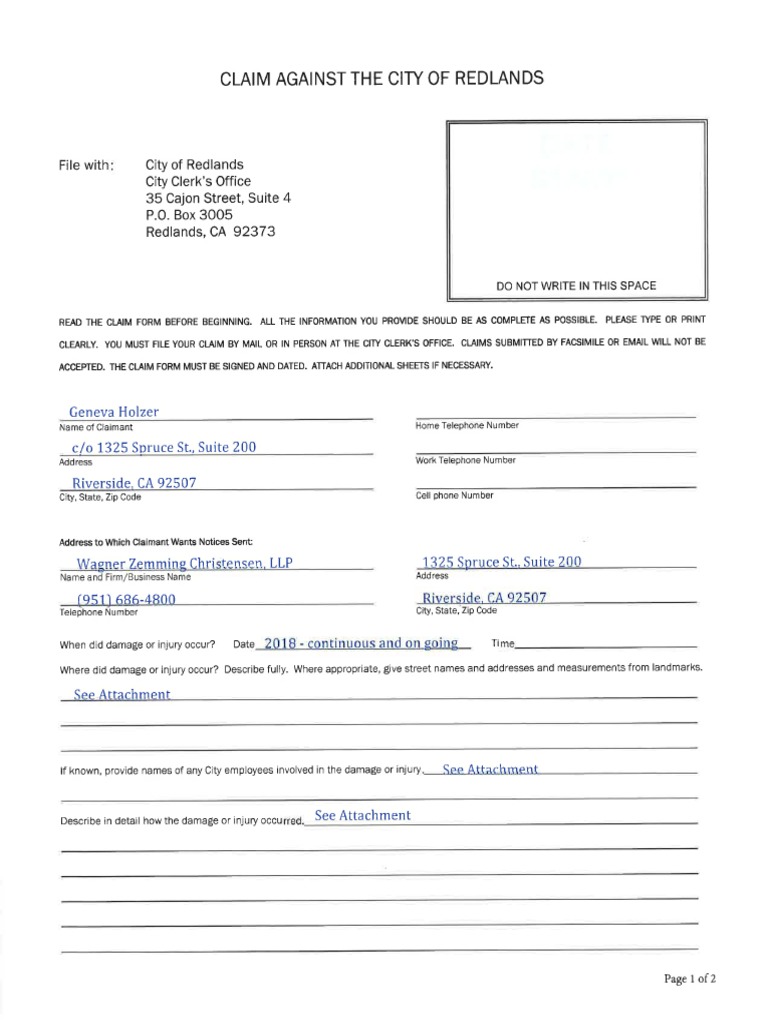 Geneva Holzer Claim - RedlandsPD | PDF