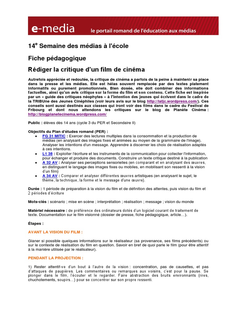 Rédiger une critique de film au lycée | PDF | Cinématographie | Scénario
