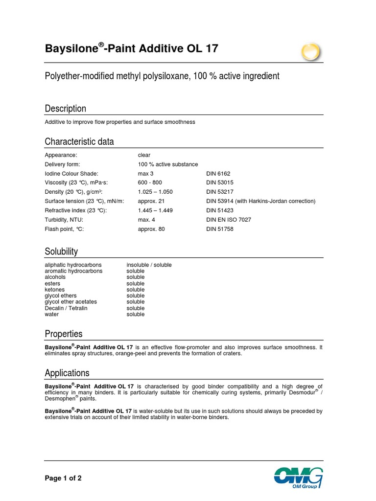Baysilone Paint Additive OL 17 PDF Solubility Paint