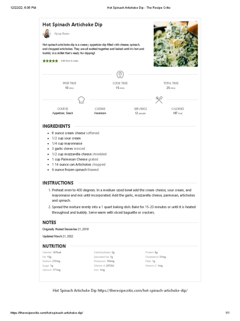 Easy Hot Spinach Artichoke Dip | PDF | Artichoke | Diet & Nutrition