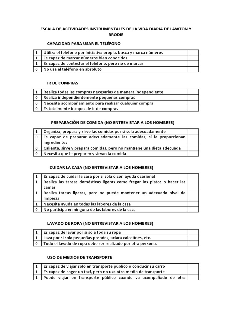 Escala de Actividades Instrumentales de La Vida Diaria de Lawton y ...