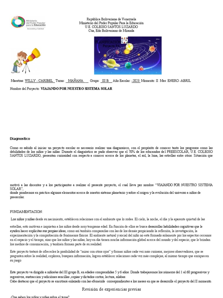 Planificacion Nueva 2023 Viajando Al Sistema Solar | PDF | Educación de la  primera infancia | Aprendizaje, image size:768x1024