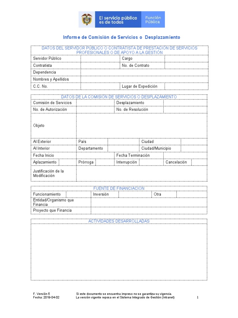 Informe de comision de servicios o desplazamiento pdf servidor