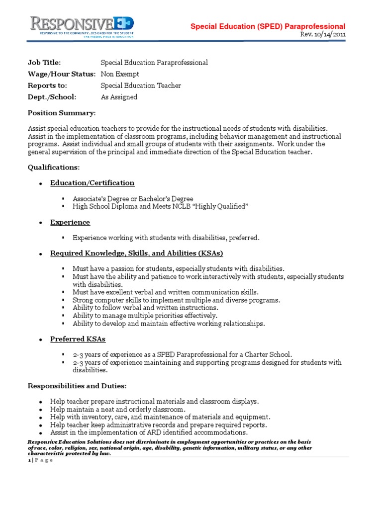 Special Education SPED Paraprofessional Job Description Rev 8292011