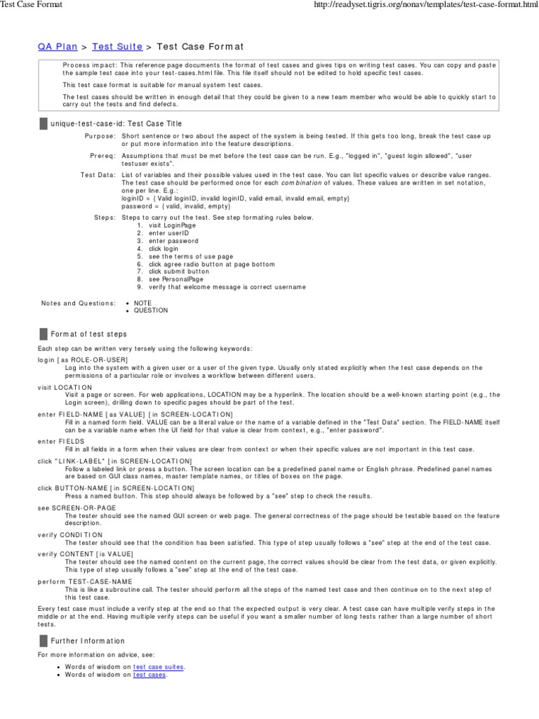 Test Case Format: QA Plan Test Suite | PDF