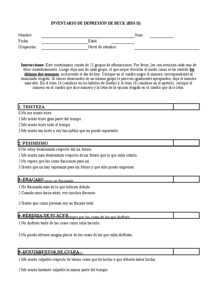 Inventario de Depresión Beck (BDI-II) | PDF | Relaciones personales ...