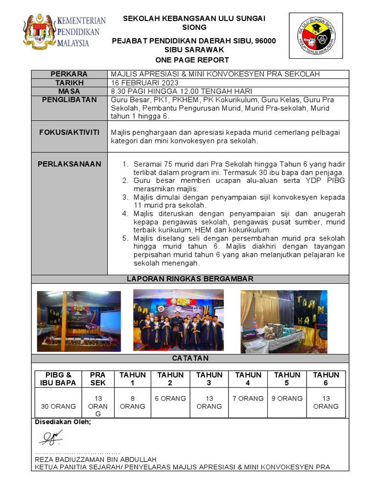 One page report majlis apresiasi dan mini konvokesyen pra sekolah pdf