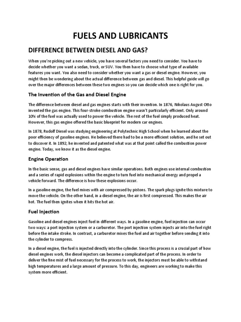 Fuels and Lubricants Difference Between Diesel and Gas? Download