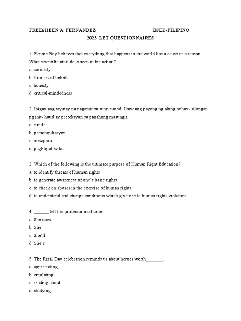 LET Questionnaires and Answer Key | PDF