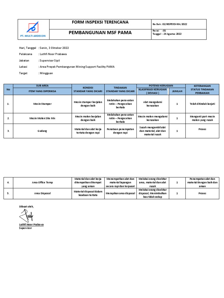 SK 02 Form Inspeksi Terencana | PDF