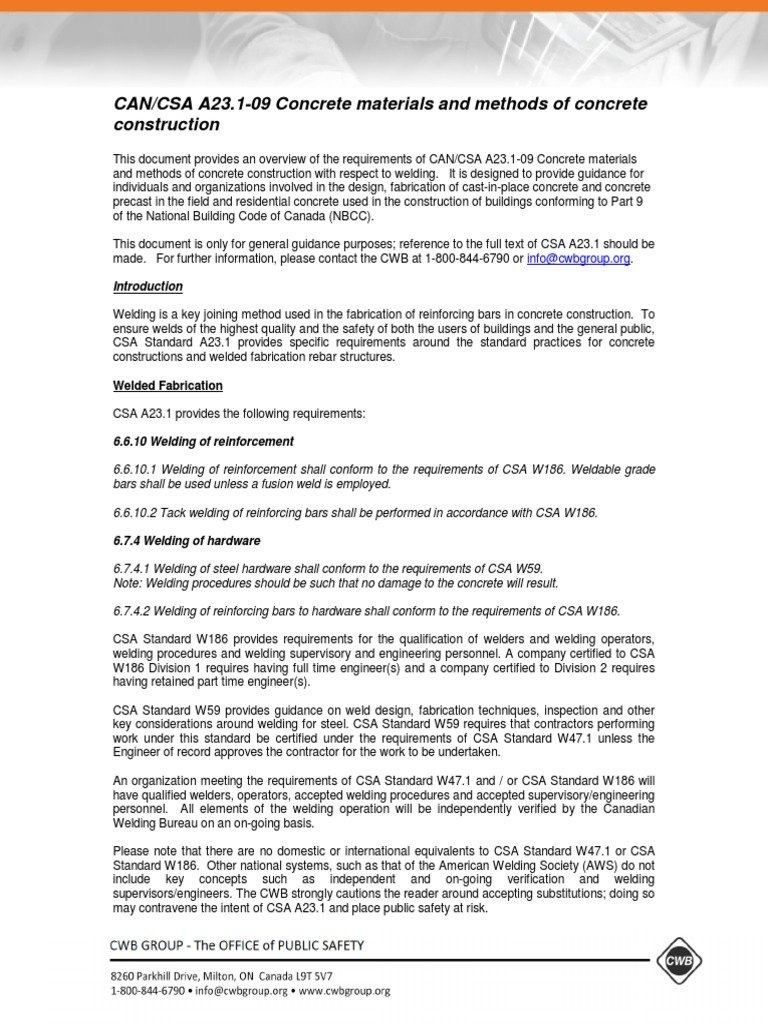Welding Requirements Csa A231 Concrete Materials and Methods Concrete ...