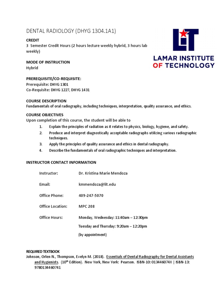 Dental Radiology Fall 2023 Syllabus PDF Radiography X Ray
