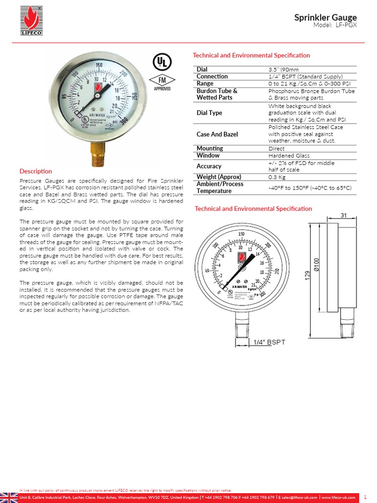 Fire Sprinkler Pressure Gauge LF-PGX | PDF | Pressure Measurement ...