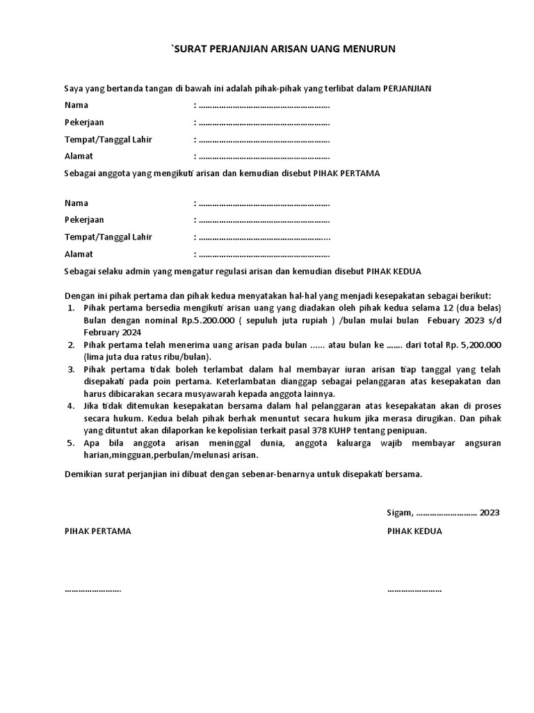 Surat Perjanjian Arisan Uang Menurun PDF