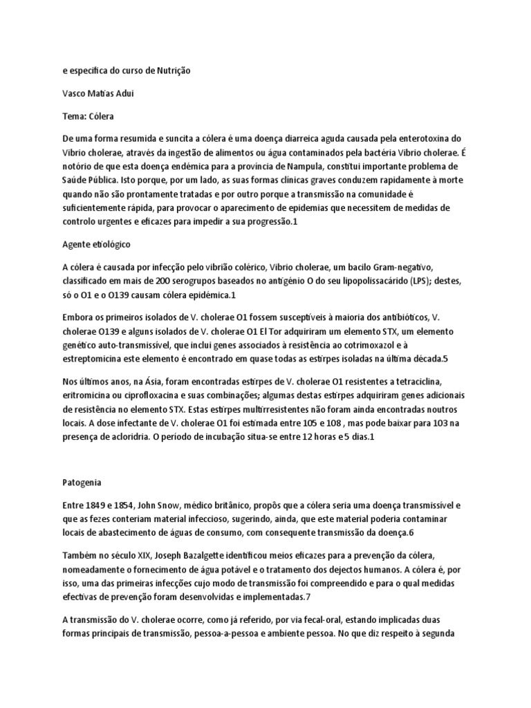 Causas e Transmissão da Cólera | PDF | Cólera | Água