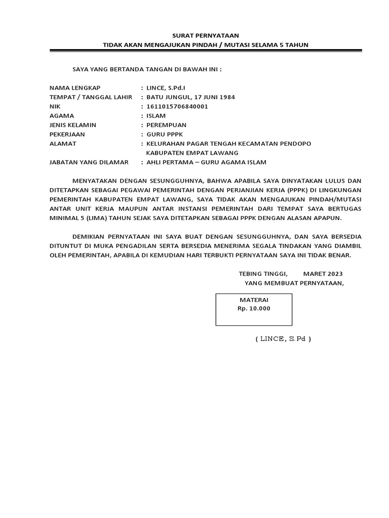 SURAT PERNYATAAN TIDAK PINDAH | PDF