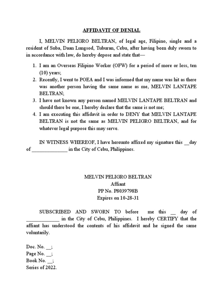 Affidavit of Denial PDF Affidavit of Denial PDF