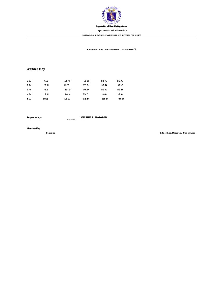 Grade 3 Math Answer Key Philippines | PDF