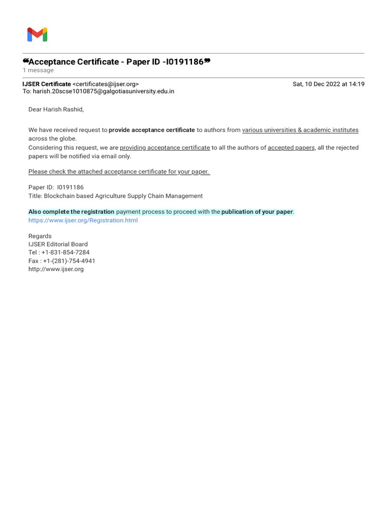 IJSER Acceptance Certificate for Paper I0191186 | PDF | Communication ...