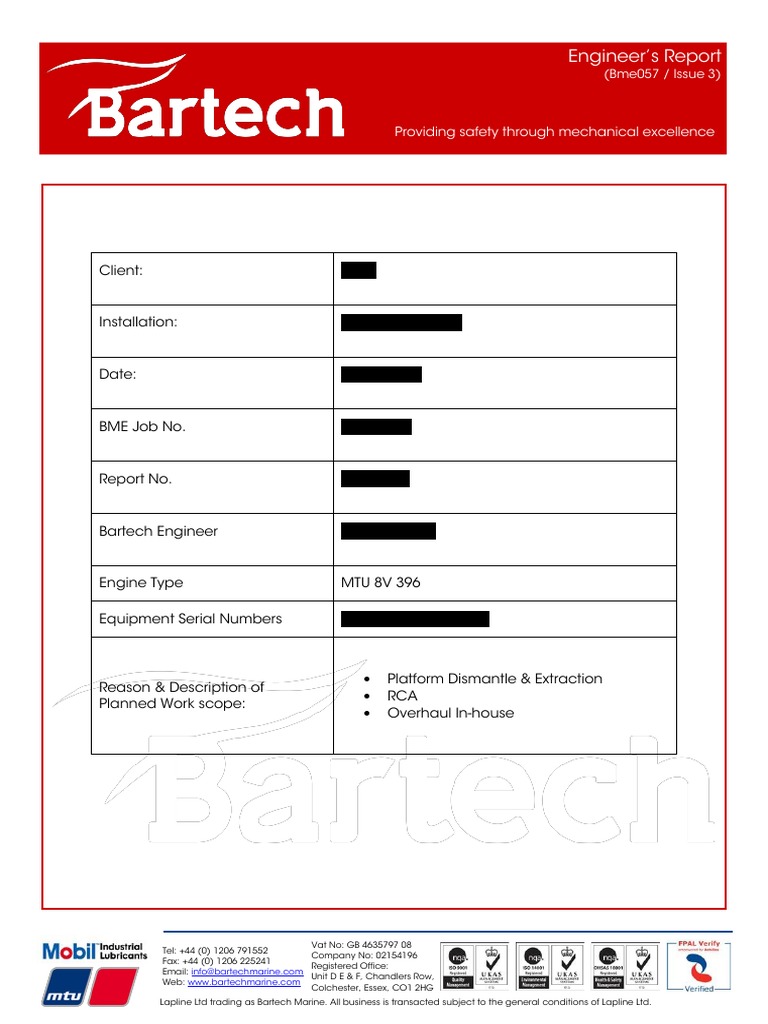 MTU 8V396 Engine Overhaul Report | PDF | Bearing (Mechanical) | Pump