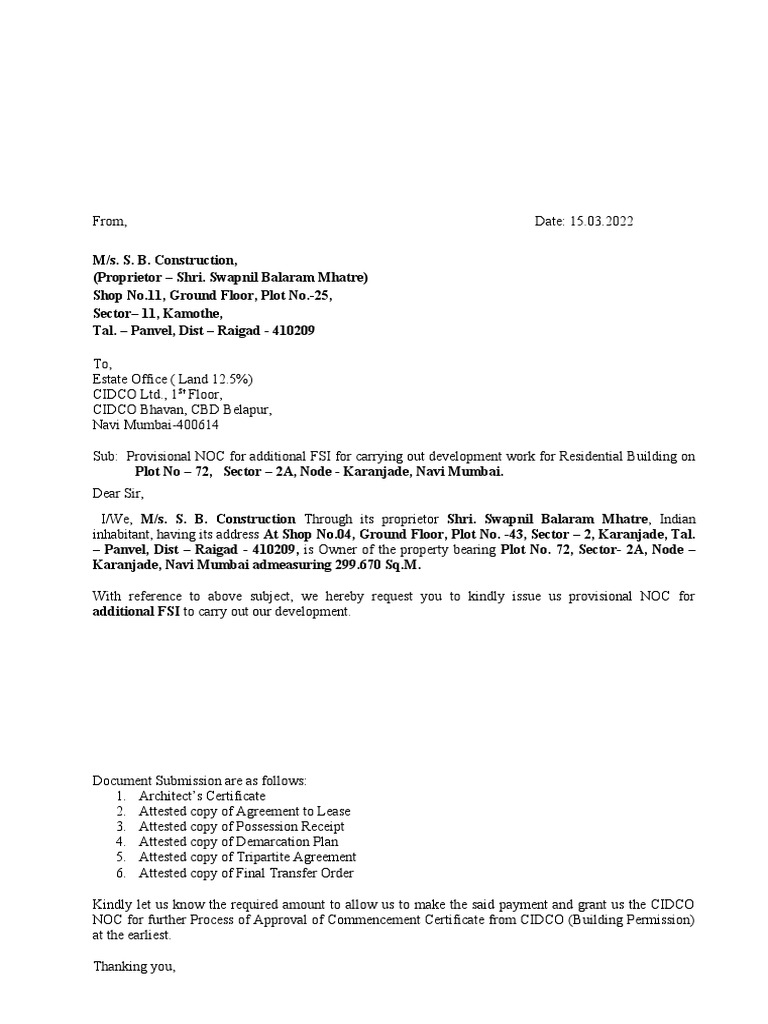 CIDCO Provisional NOC Request for FSI | PDF | Law