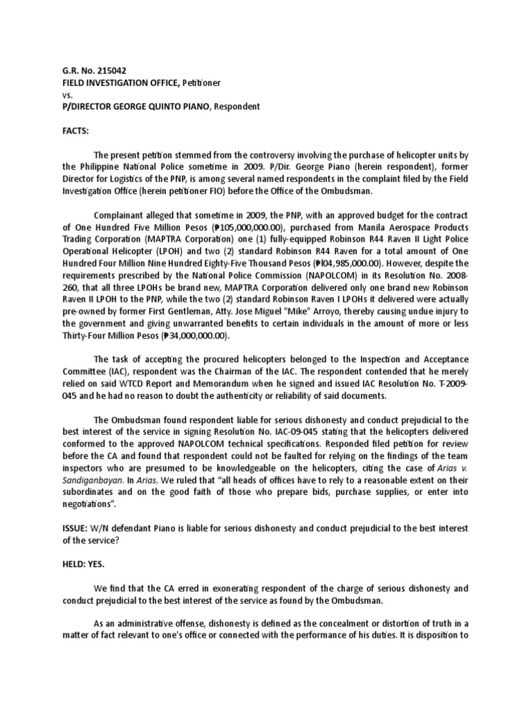 Field Investigation Office Vs General Pianto G.R. No. 215042 PDF